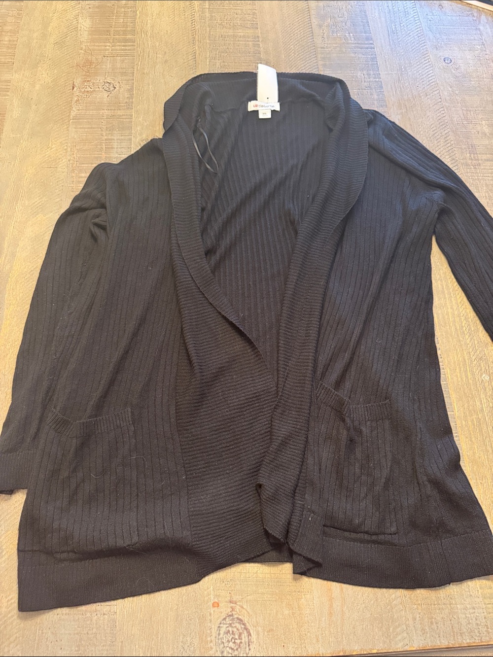 Liz Claibourne Black Ribbed Shawl-Collar Open Cardigan